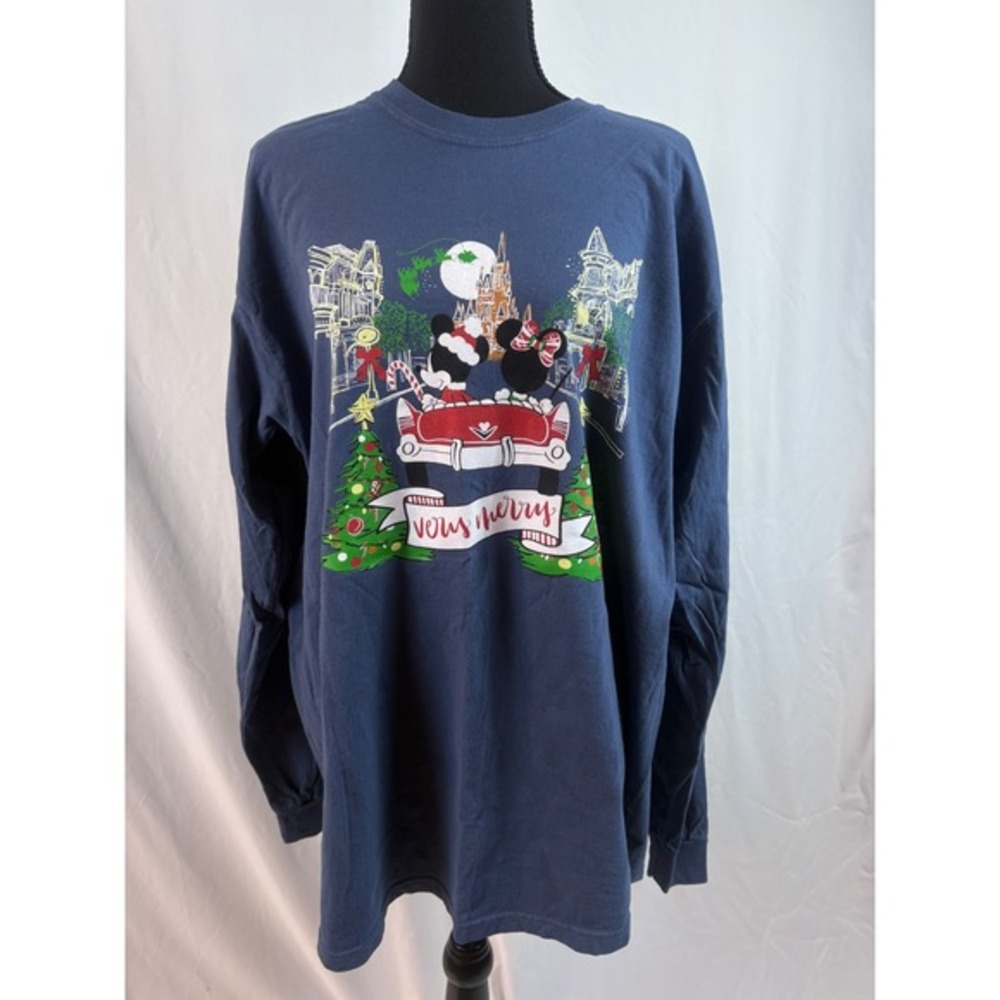 Disney Mickey Minnie Mouse Christmas Long Sleeve Shirt Navy Blue Cartoon Graphic